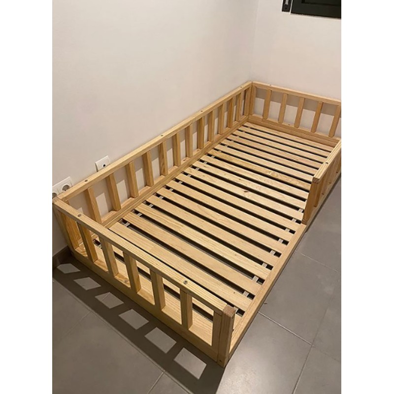 Cama Infantil Tipo Montessori Nube, con somier y Barrera barandilla, en  Madera Natural para niño y niña, 90x190 cm